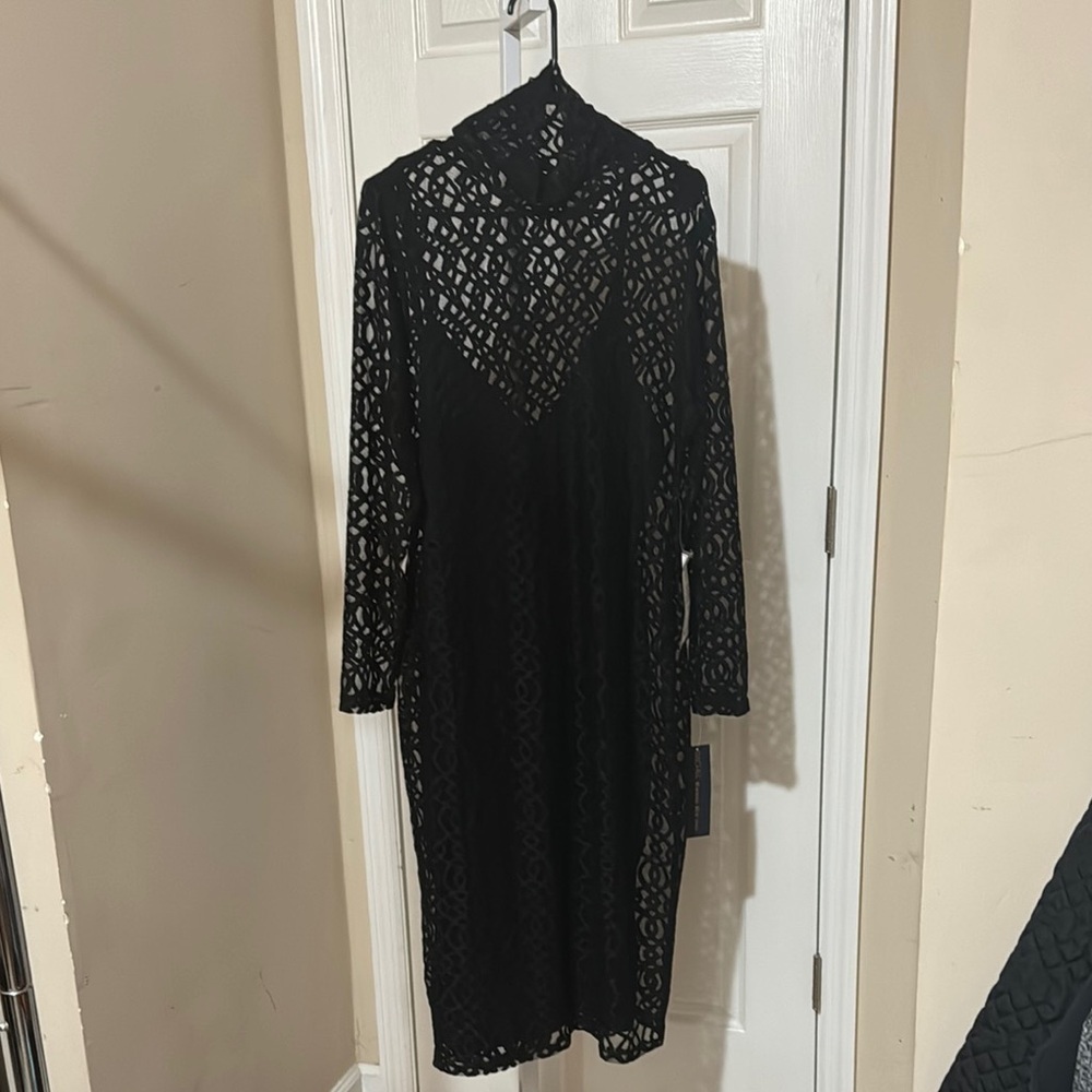 RACHEL Rachel Roy Black Lace Midi Dress with Long Sleeves and mock neck - Picture 2 of 5